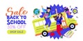 Back to school sale banner poster design template. Jumping kids on yellow school bus background. Vector illustration Royalty Free Stock Photo