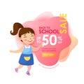 Back to School Sale Banner with Promotional Code, Poster in Memphis Style with Cute Cartoon Schoolgirl Write with Chalk