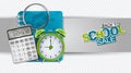 Back to school sale banner with realistic calculator, magnifier, ring notebook, green alarm clock. Header for website