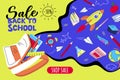 Back to school sale banner. School backpack on liquid background with flying rocket, books, pencils. Vector illustration Royalty Free Stock Photo