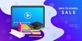 Back to school sale banner with tablet computer, stack of books, pencil and graduation cap.