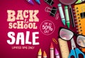 Back To School Sale Banner Vector Design In Red Background With School Supplies