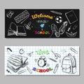 Back to school SALE banners, labels. Vector hand drawn illustration. Chalkboard lettering. Typography. Sketch style with hand draw