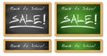 Back to School Sale Banners. Wooden green and black chalkboard backgrounds. Sale advertising hand drawn text with chalk. Royalty Free Stock Photo