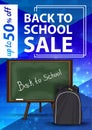 Back to school sale, blue vertical web banner with school Board and school backpack Royalty Free Stock Photo