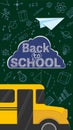 Back to School Sale concept. Poster template with Yellow School Bus against green background with hand drawn doodles of Royalty Free Stock Photo