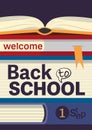 Back to School Sale concept. Welcome to school social media poster template with Stack of books, school supplies and Royalty Free Stock Photo