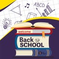 Back to School Sale concept. Welcome to school social media poster template with Stack of books, school supplies and Royalty Free Stock Photo