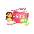 Back to School Sale Discount Banner, Promo Poster in Funky Style with Cute Cartoon Girl Student Read Book, Autumn Fair