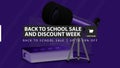 Back to school sale and discount week, blue horizontal discount banner with telescope, map of the constellations. Royalty Free Stock Photo