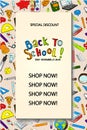 Back to school sale flyer card. Sale pattern template. Seamless pattern element on background.