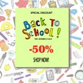 Back to school sale flyer card. Sale pattern template. Seamless pattern element on background.