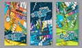 Back to school sale flyer leaflets. Vectical banner with confetti and falling ringlets celebration concept. Realistic supplies for