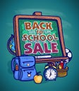 Back to school sale graphic banner, poster or sign design template with green chalkboard and school tools Royalty Free Stock Photo