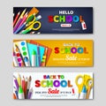 Back to school sale horizontal banners with 3d realistic school supplies and paper cut style letters.