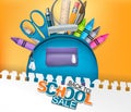 Back to school sale kids backpack full of study supplies on an orange background with a torn out sheet of paper. Royalty Free Stock Photo