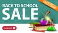 Back to school sale, modern discount banner with button, books and chemical flasks