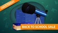 Back to school sale, modern green discount banner in paper cut shapes with telescope. Royalty Free Stock Photo