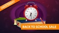 Back to school sale, modern purple discount banner in paper cut shapes with school books and alarm clock Royalty Free Stock Photo