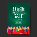 A4 Back to school sale offer banner texture with stationary with green chalkboard background