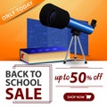 Back to school sale, orange banner with telescope, map of the constellations and the encyclopedia of astronomy Royalty Free Stock Photo