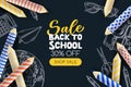 Back to school sale poster, banner design template. Vector 3d illustration of pencils and sketch school supplies Royalty Free Stock Photo