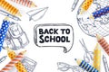Back to school sale poster, banner design template. Vector illustration of school supplies. Creative education concept Royalty Free Stock Photo