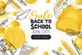 Back to school sale poster, banner design. Vector illustration of school supplies. Creative modern education concept Royalty Free Stock Photo