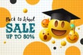 Back to School Sale, poster and banner with flying emoticons in graduation hat for retail marketing promotion and