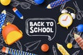 Back to school sale poster, banner. Vector 3d illustration of backpack, pencils, alarm clock. Creative education concept Royalty Free Stock Photo