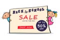 Back to school sale poster with cartoon hand drawn doodle boy and girl children isolated on white background. Royalty Free Stock Photo