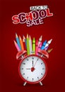 Back to school sale poster or flyer for advertisement or discount offer. Red color stylish design with realistic alarm clock