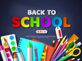 Back to school sale poster with realistic school supplies. Paper cut style letters on blackboard background,vector Royalty Free Stock Photo