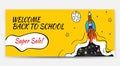Back to school Sale with rocket and doodles horizontal background. Vector illustration for banners invitation poster and Royalty Free Stock Photo