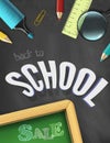 Vector Back to School Sale title words with realistic Colored School Items on a Black chalkboard Texture Background Royalty Free Stock Photo