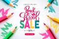 Back to school sale vector background design. Back to school sale text with limited discount offer in color pencil element.