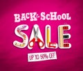 Back to school sale vector banner design with sale discount text and colorful school supplies Royalty Free Stock Photo