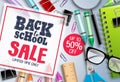 Back to school sale vector banner design. School items and educational elements Royalty Free Stock Photo