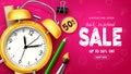 Back to school sale vector banner design. School limited time offer text with yellow alarm clock Royalty Free Stock Photo