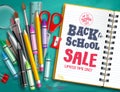 Back to school sale vector banner design with school supplies, education elements