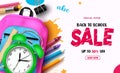 Back to school sale vector banner design. School supplies, items and elements discount promo Royalty Free Stock Photo