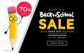 Back to school sale vector banner design template with cute yellow pencil character