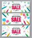 Back to school sale vector banner design. Back to school sale text with limited discount offer in educational elements for item.