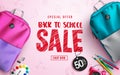 Back to school sale vector banner design. Back to school sale text in special offer discount with backpack bags element. Royalty Free Stock Photo
