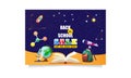 Back to school sale vector banner with educational items, planets, molecules floating in space