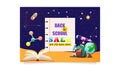 Back to school sale vector banner with educational items, planets, molecules floating in space