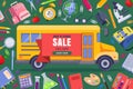 Back to school sale vector banner, poster template. Education background with yellow bus and stationery supplies Royalty Free Stock Photo