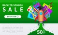 Back to school sale vector banner with rocket launch, graduation cap and colorful realistic school supplies like pencils, scissors