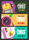 Back to school sale vector banner set design. Back to school special offer text with schoolbag Royalty Free Stock Photo