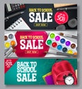 Back to school sale vector banner set. Back to school promo educational supplies Royalty Free Stock Photo